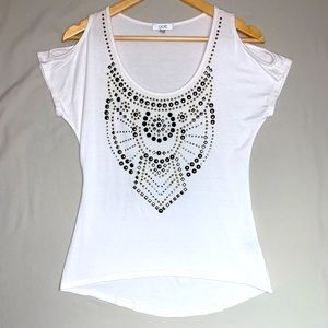 Cache White Cold Shoulder Shirt Women’s XS Embellished Blouse Top Spring Summer